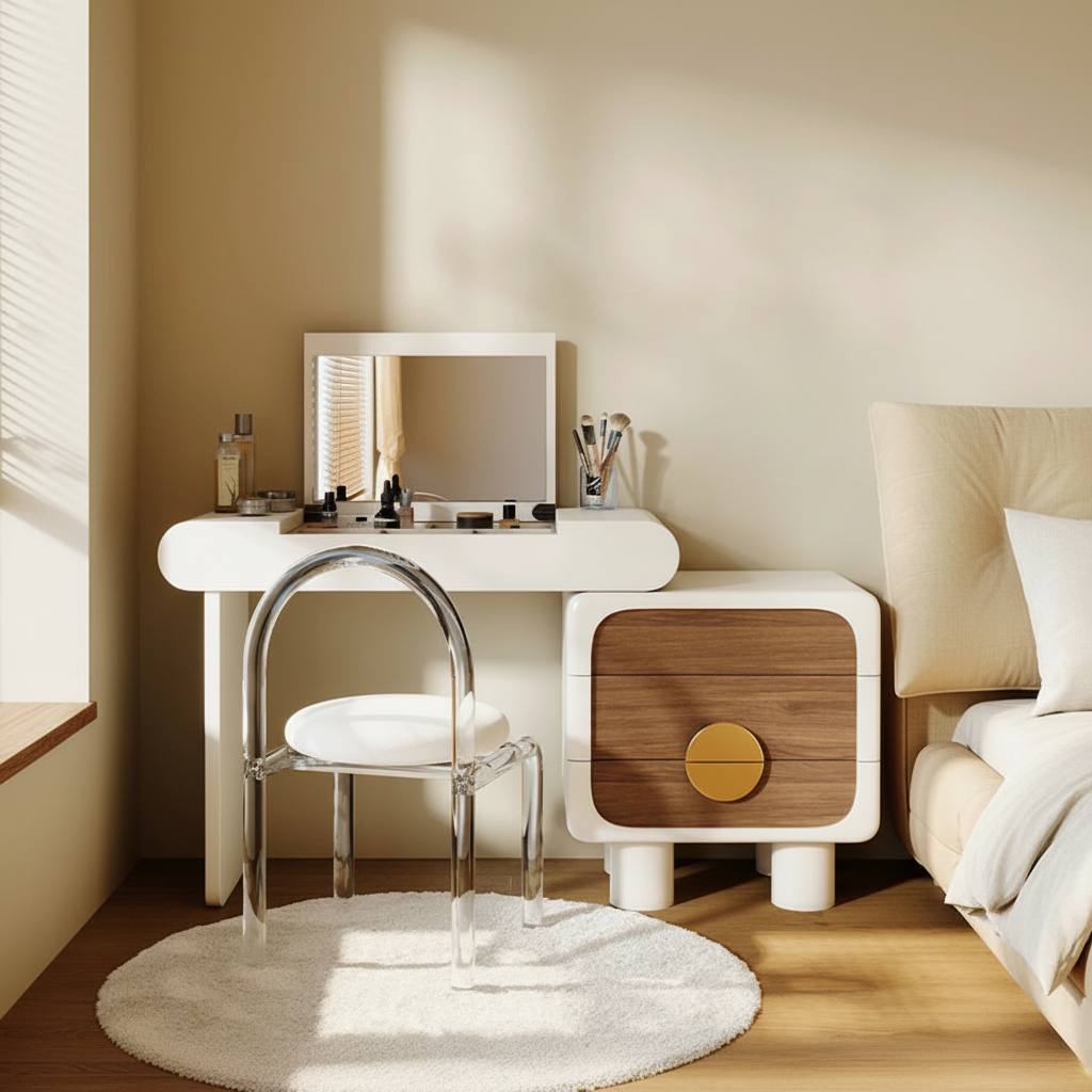 Coiffeuse crème à plateau laqué relevable avec meuble noyer – mise en scène
