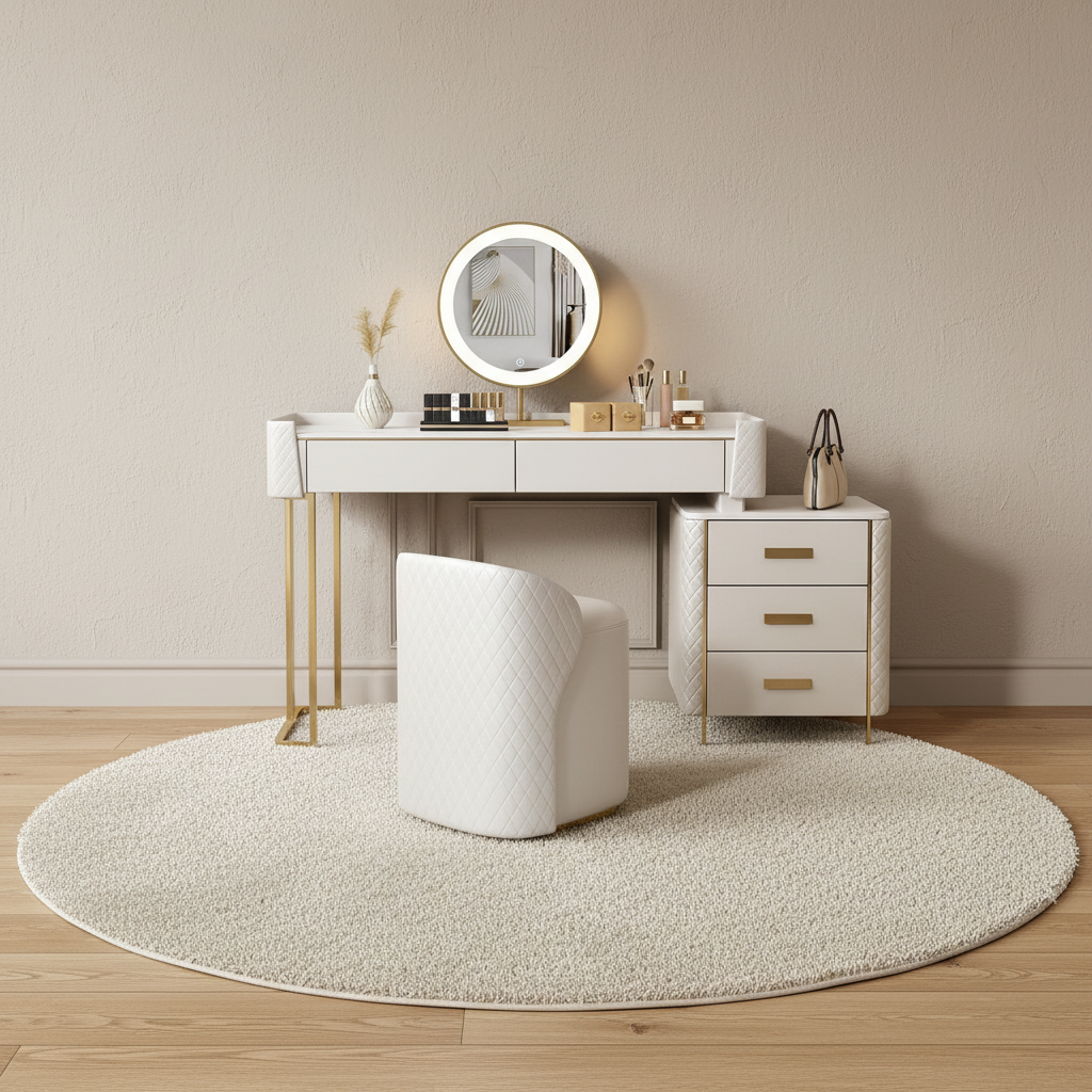 Coiffeuse blanche capitonnée avec commode 3 tiroirs – mise en scène
