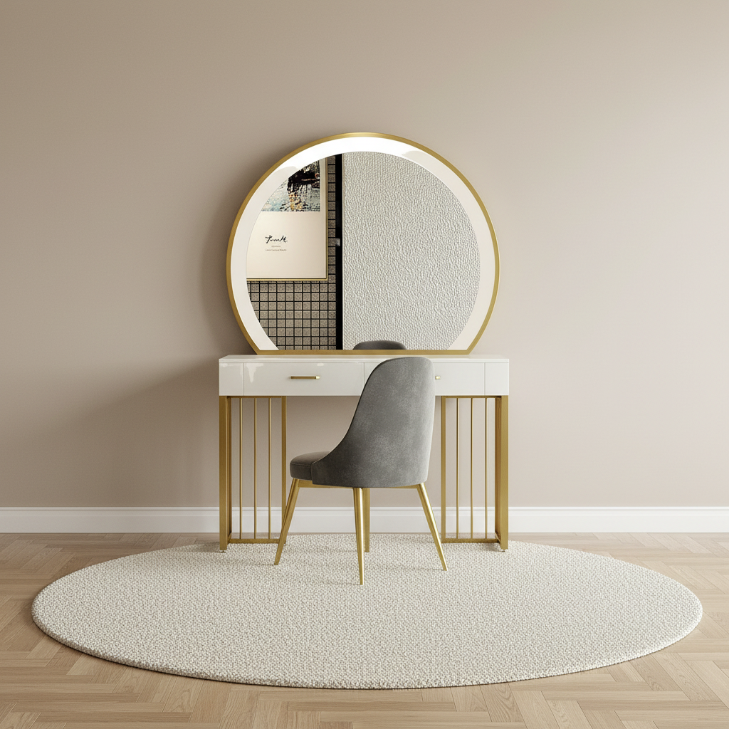 Coiffeuse blanche style Hollywood avec miroir LED rond et chaise – mise en scène