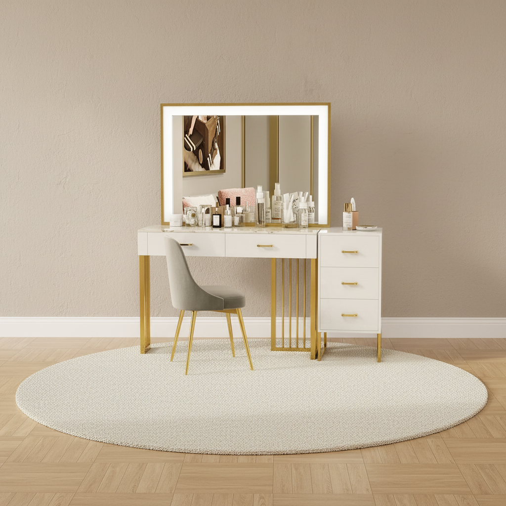 Coiffeuse plateau marbre avec miroir LED carré – mise en scène