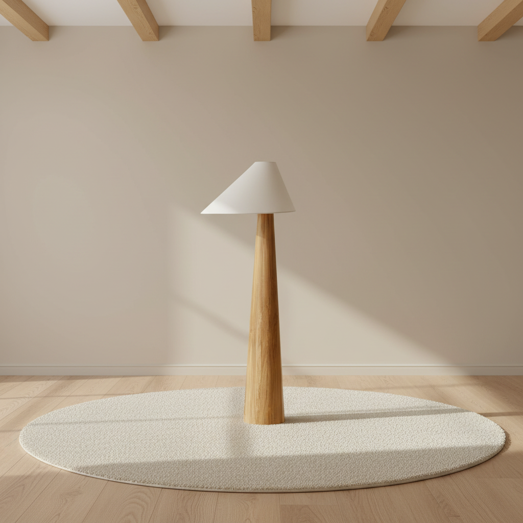 Lampadaire conique en bois massif – mise en scène