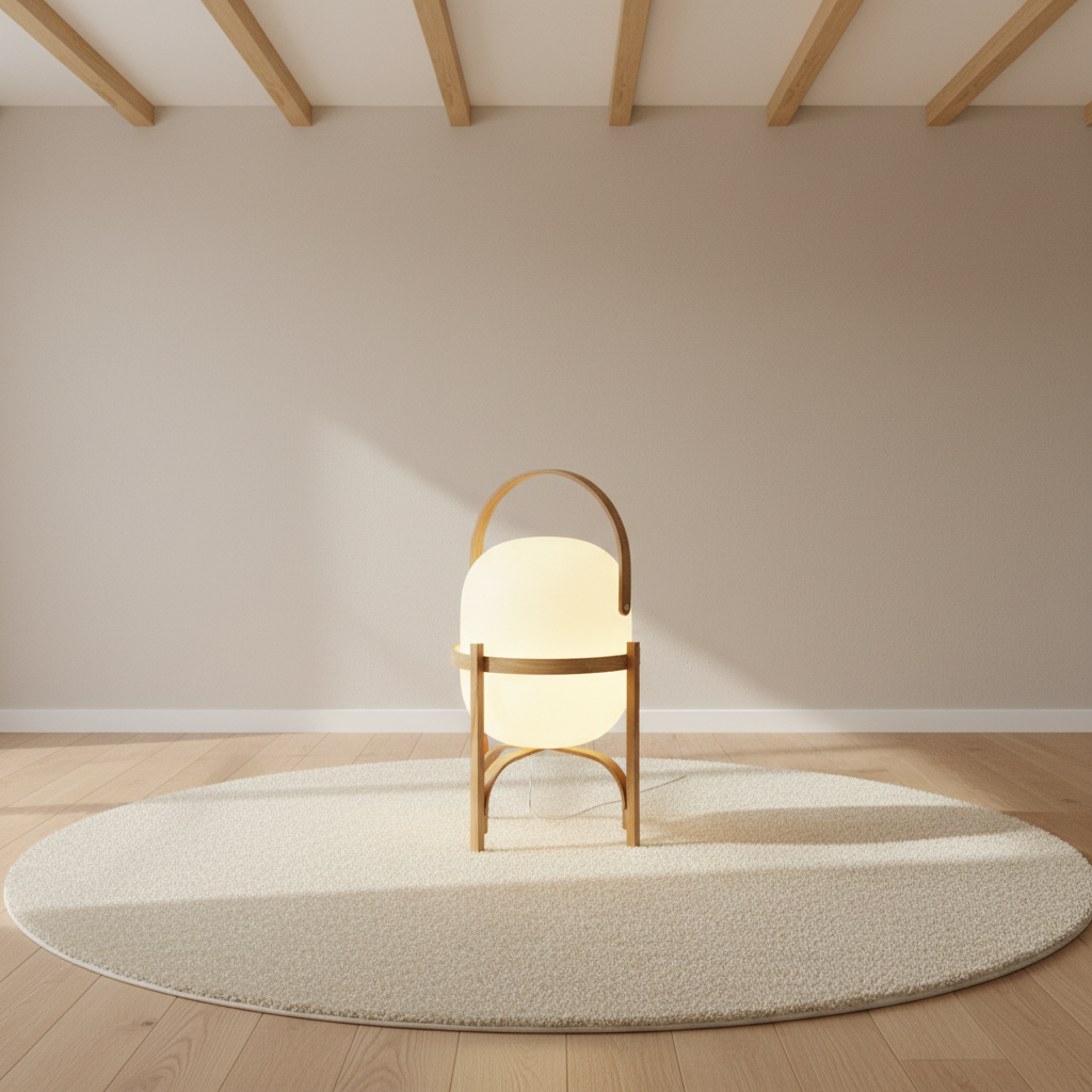 Lampe lanterne en noyer cintré et verre opalin – mise en scène