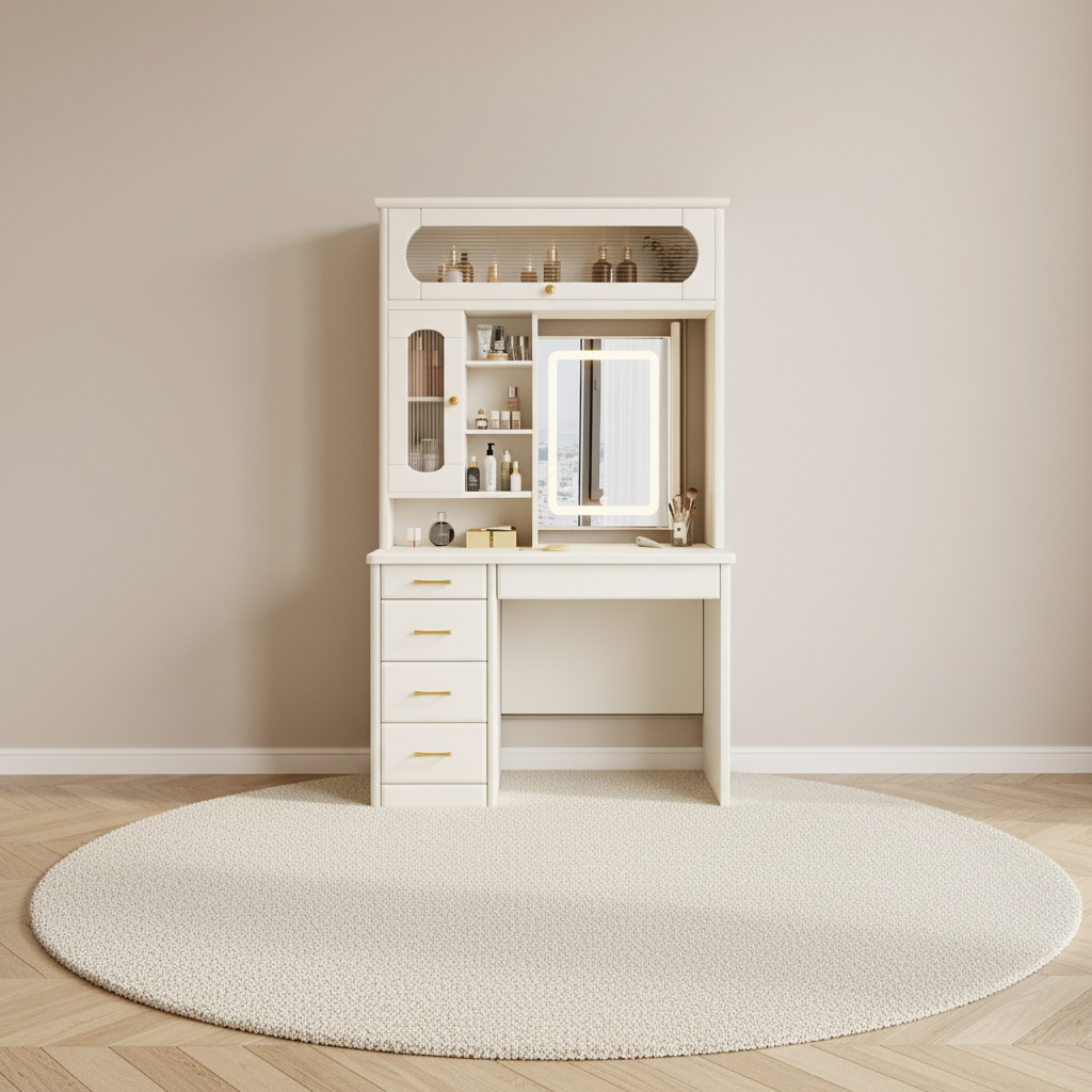 Coiffeuse-bureau crème en bois massif avec bibliothèque et miroir LED escamotable – mise en scène