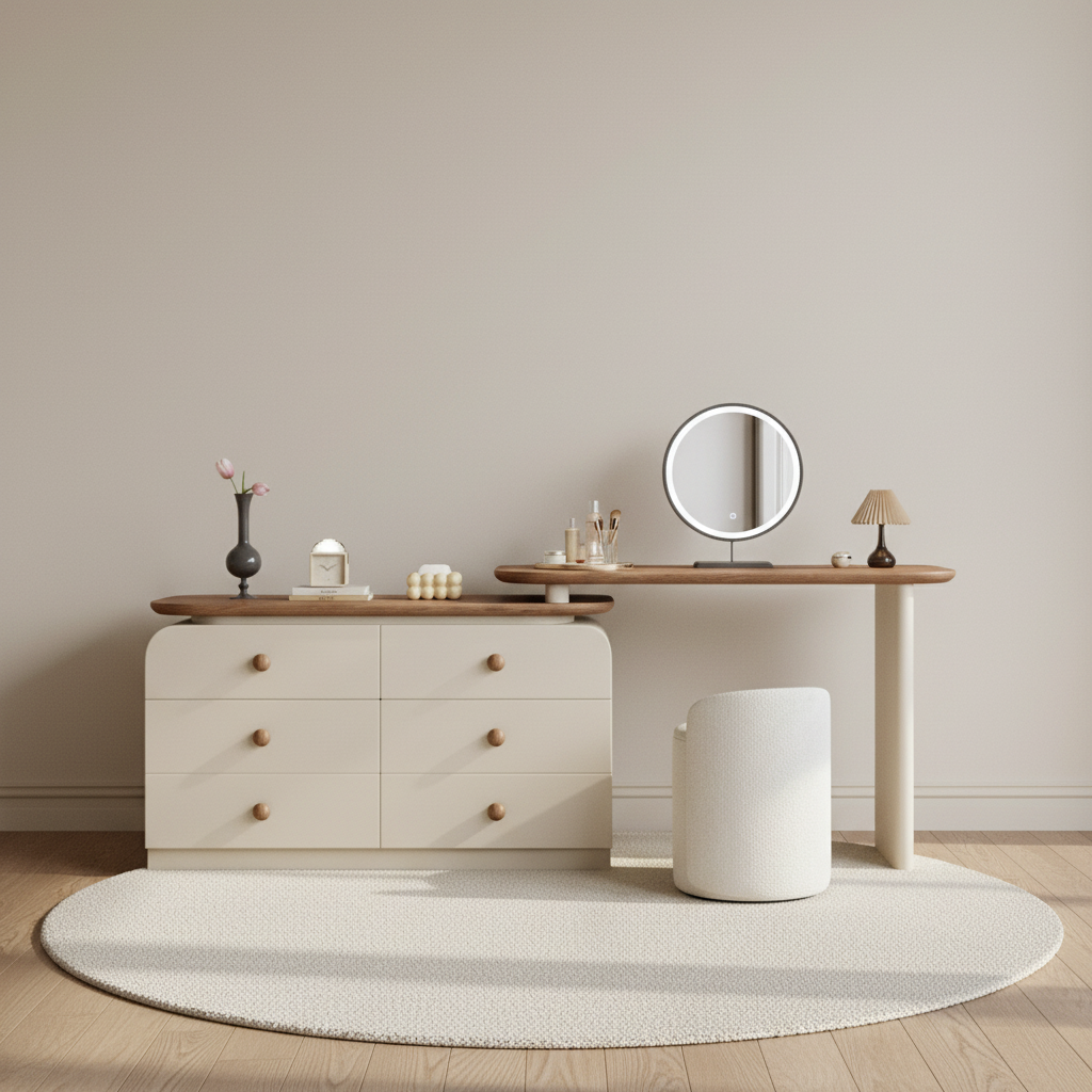 Coiffeuse crème et noyer mid-century avec commode 6 tiroirs – mise en scène