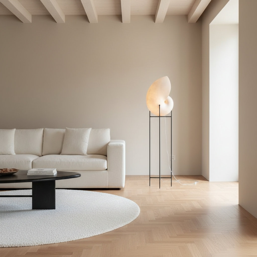 Lampe coquillage en résine sur son grand socle en fer, mise en scène dans un salon