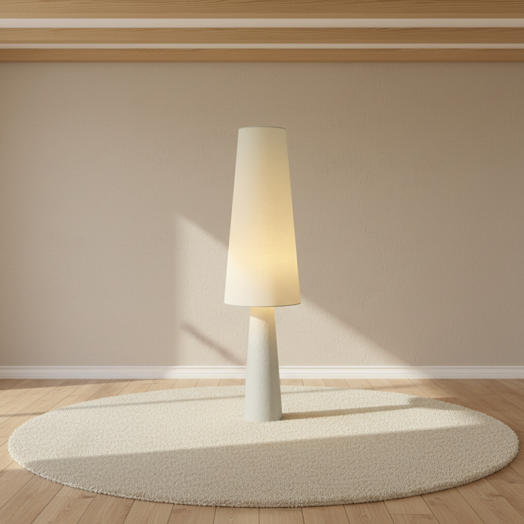Lampadaire conique en tissu crème, pied fuselé – mise en scène