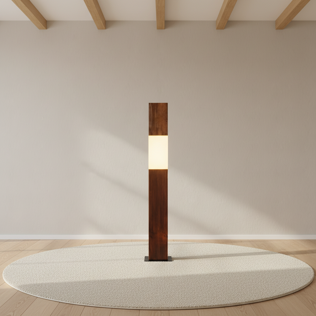 Lampadaire poutre en bois brut, esprit wabi-sabi – mise en scène