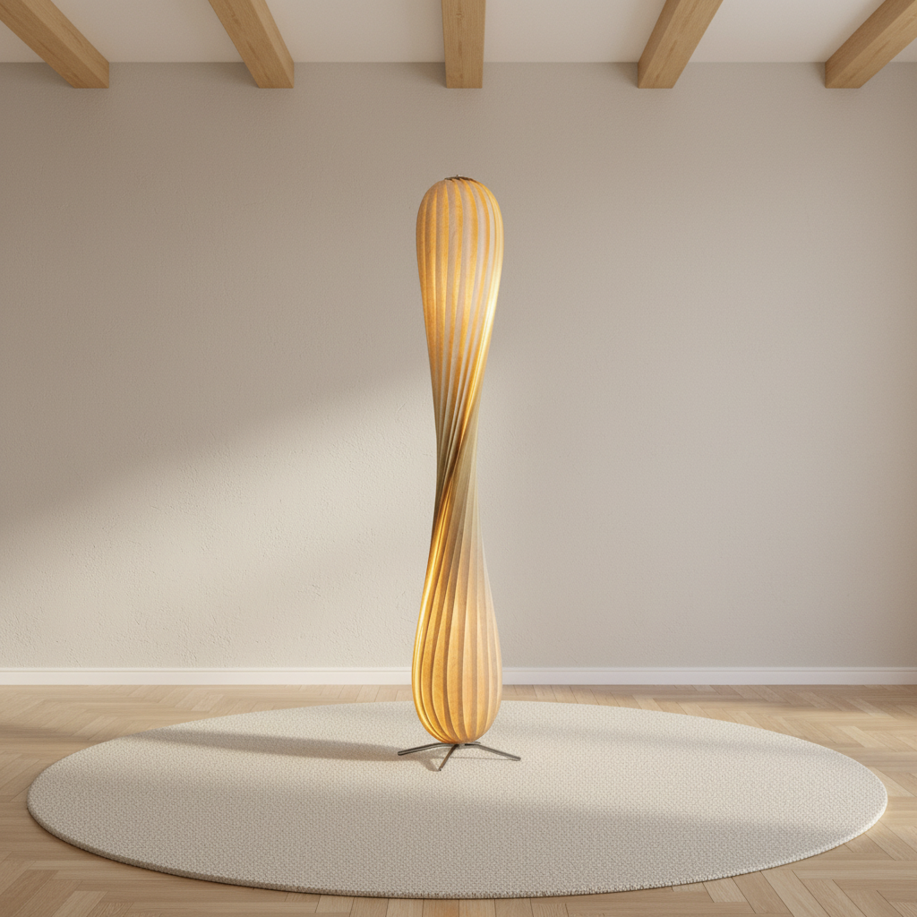 Lampadaire torsadé en placage de bois – mise en scène