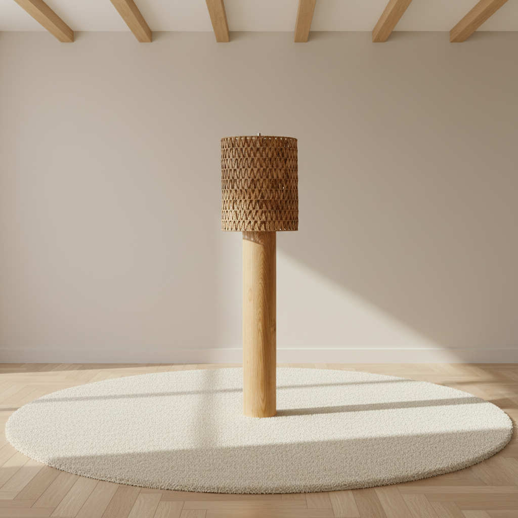 Lampadaire abat-jour tressé en bois et pied effet bois – mise en scène
