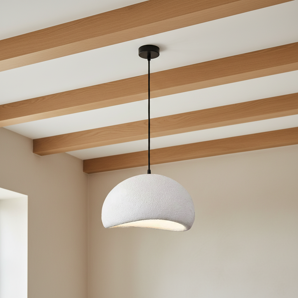 Suspension wabi-sabi blanche, dôme texturé – mise en scène