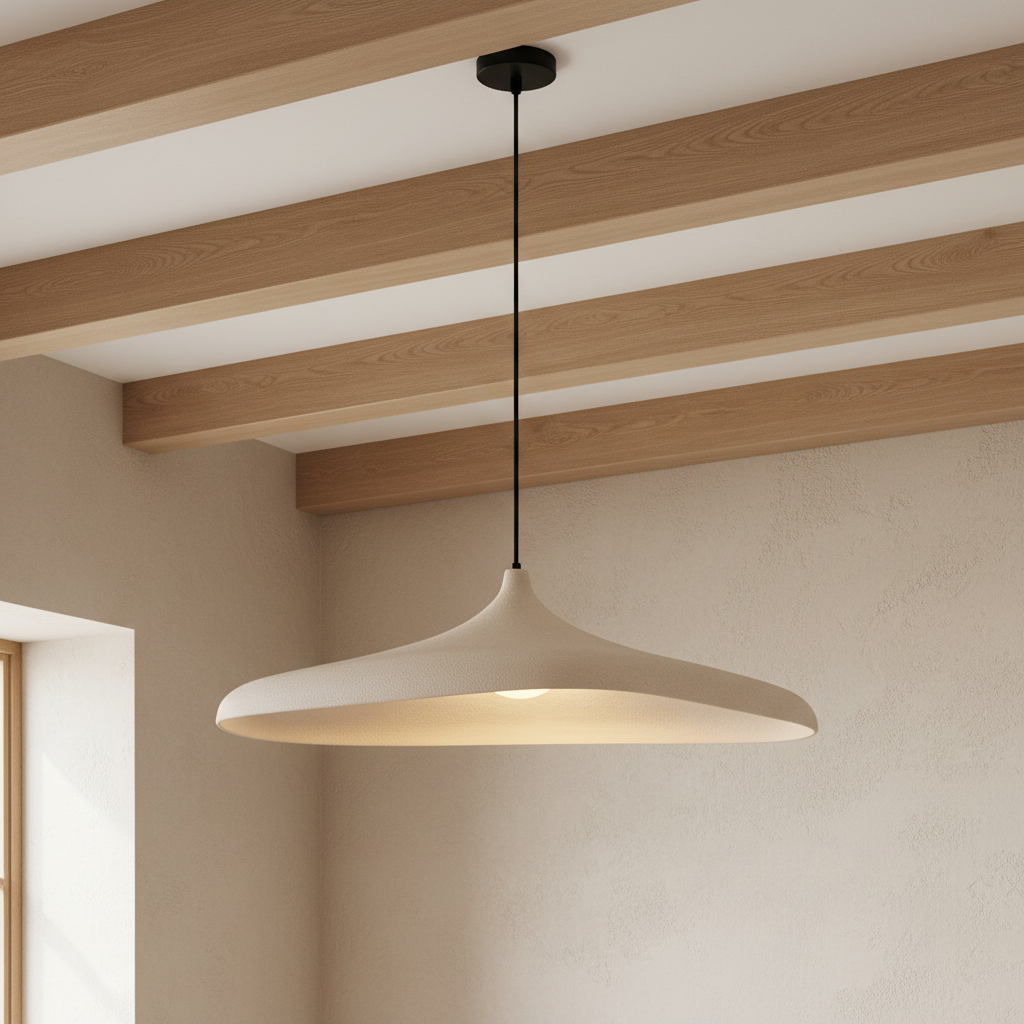 Suspension allongée blanche texturée, pour table ou îlot – mise en scène