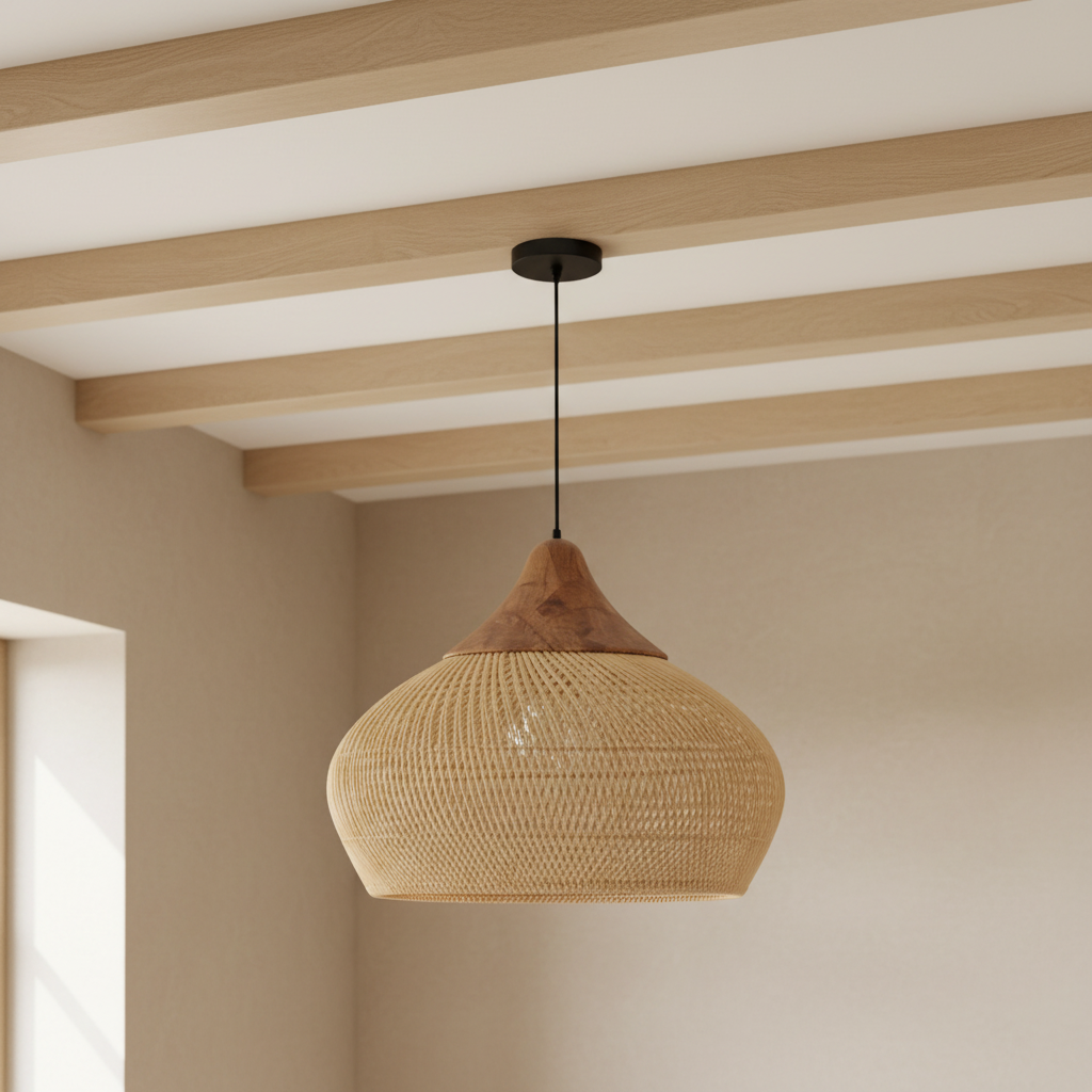 Suspension en rotin tressé et bois massif, goutte, ronde ou plate – mise en scène