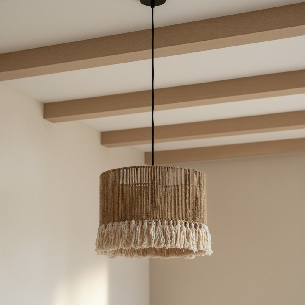 Suspension bohème en corde de jute tressée et franges de coton – mise en scène