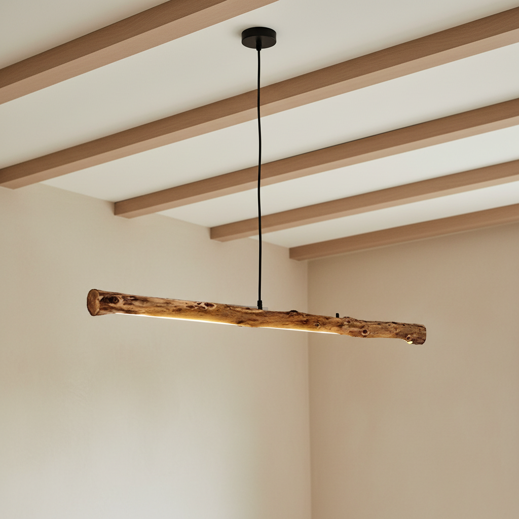 Suspension en tronc de bois brut, esprit wabi-sabi, LED intégrée – mise en scène