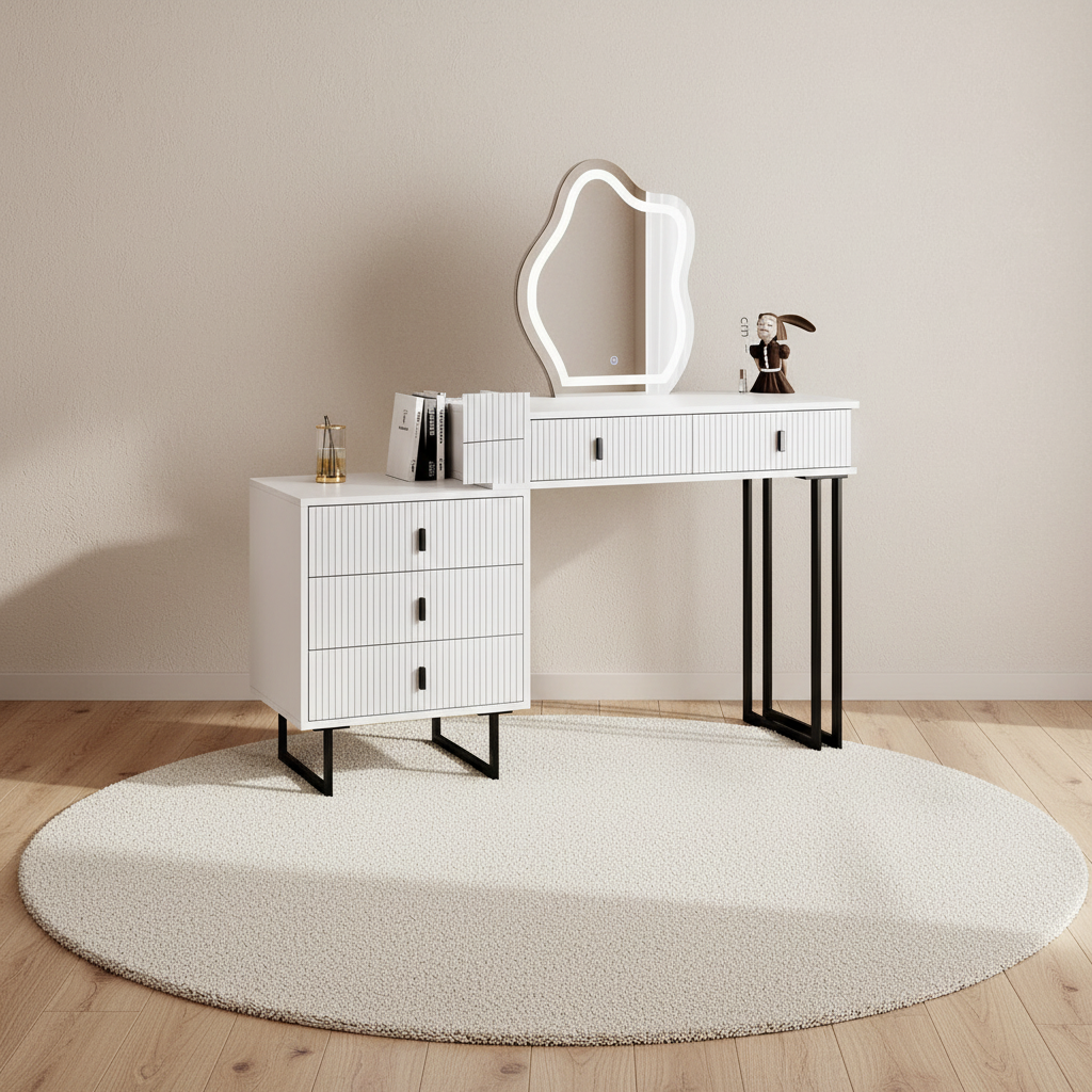 Coiffeuse blanche laquée avec miroir LED organique et meuble de rangement 3 tiroirs – mise en scène