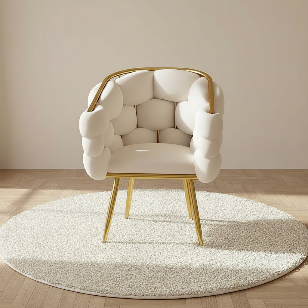 Fauteuil bulle en velours, piètement doré – mise en scène