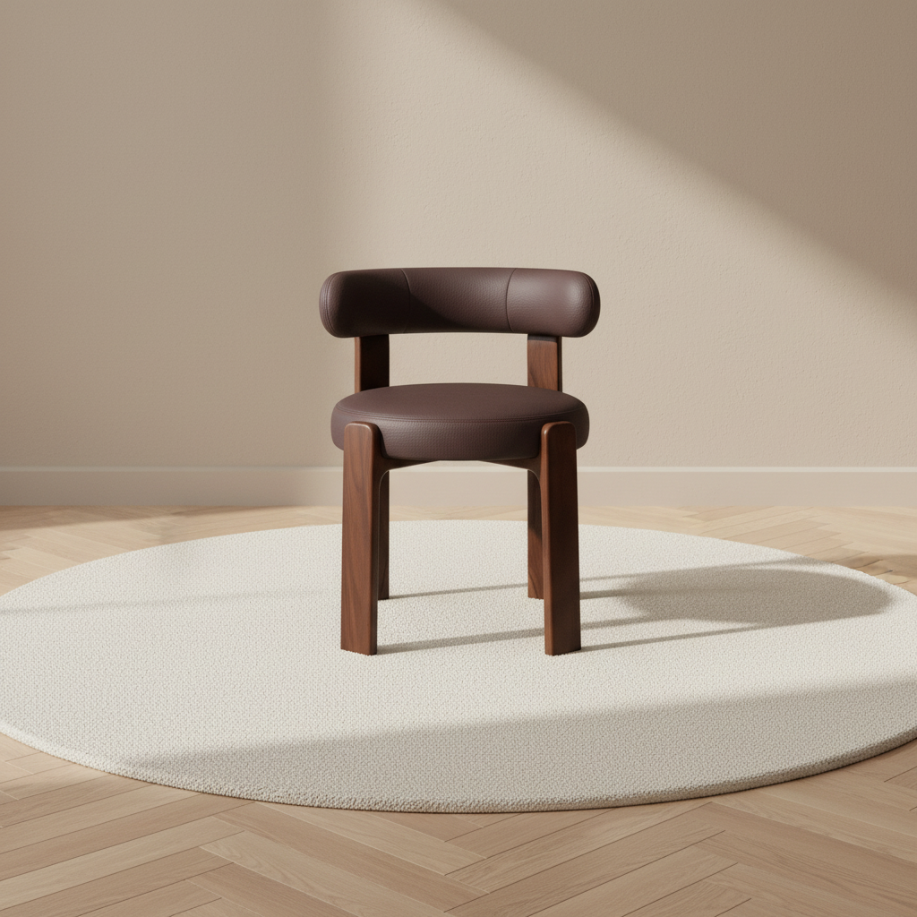Fauteuil cocon en cuir, piètement bois massif – mise en scène