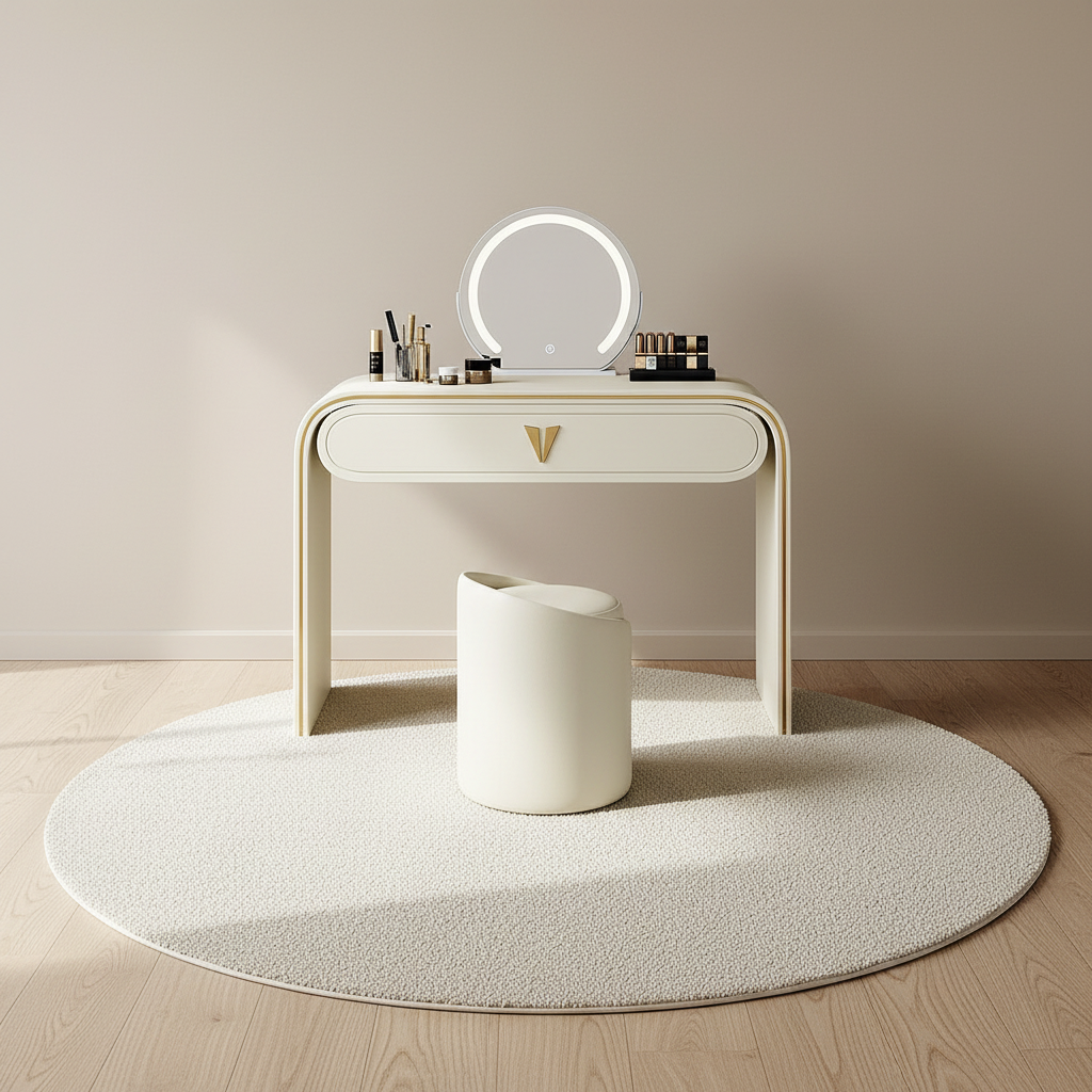 Coiffeuse italienne laquée crème avec miroir intelligent tricolore et tabouret – mise en scène