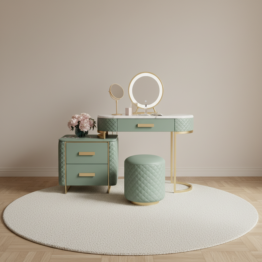 Coiffeuse matelassée vert sauge avec miroir LED et tabouret assorti – mise en scène