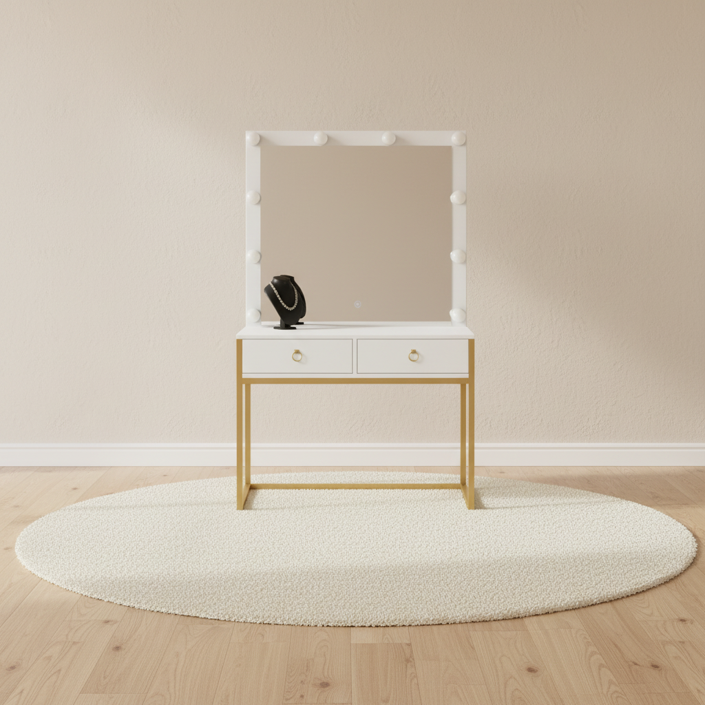 Coiffeuse Hollywood laquée à miroir lumineux LED, piètement métal doré – mise en scène
