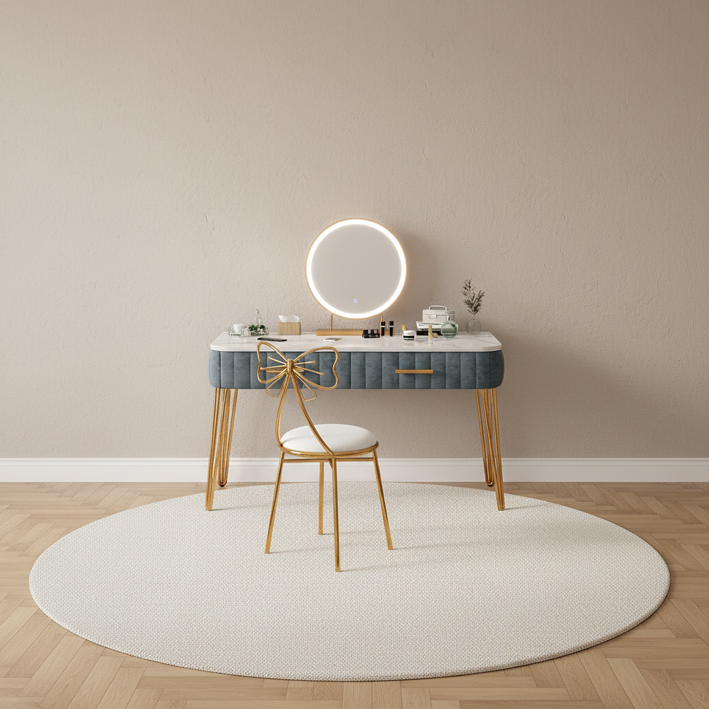 Coiffeuse capitonnée plateau marbré et miroir LED rond, pieds dorés – mise en scène