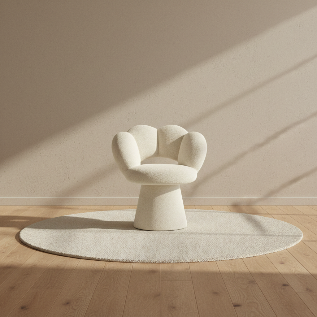 Fauteuil de coiffeuse pivotant en bouclette effet pétale – mise en scène