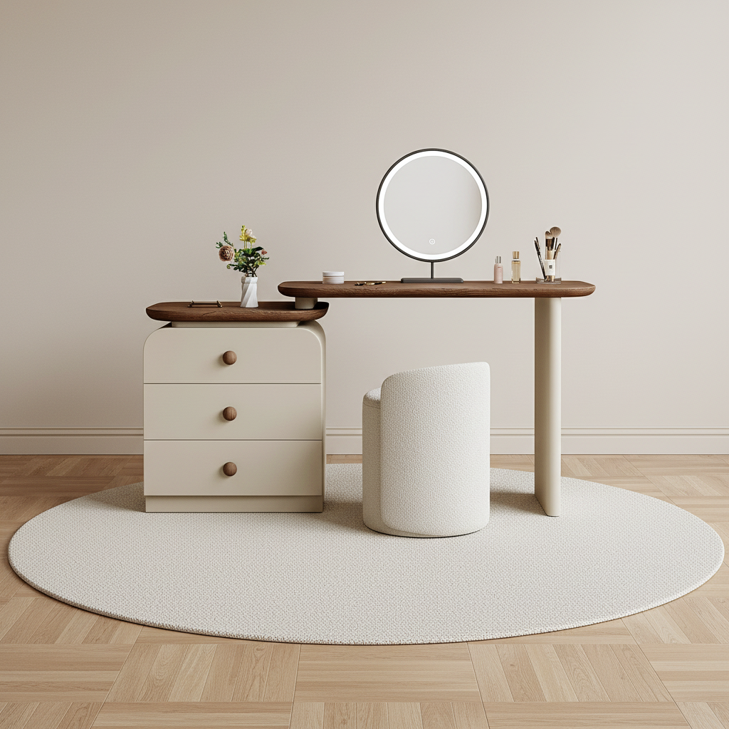 Coiffeuse en bois massif crème et noyer, miroir LED rond et tabouret bouclette – mise en scène