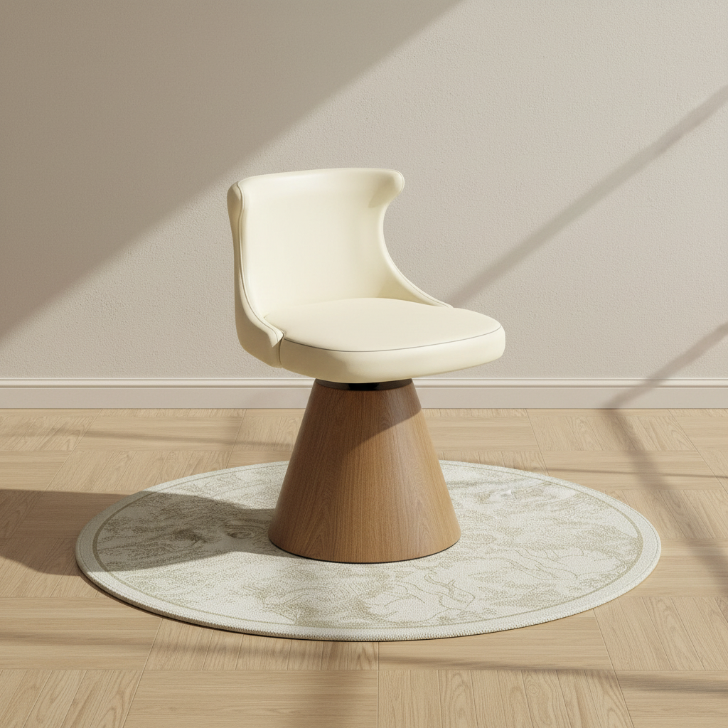 Fauteuil de coiffeuse pivotant 360°, piètement conique en bois – mise en scène