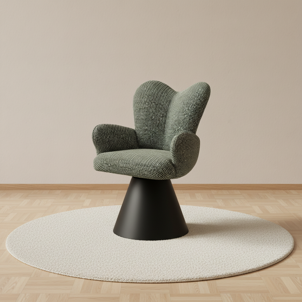 Fauteuil de coiffeuse papillon en tissu bouclé, socle conique – mise en scène
