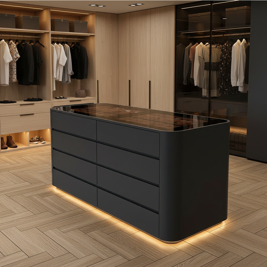 Îlot central de dressing, vitrine à bijoux et éclairage LED au sol – mise en scène