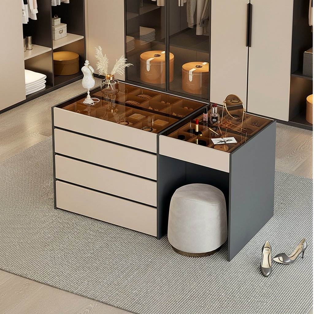 Îlot de dressing avec coiffeuse intégrée, plateau vitré bijoux – mise en scène