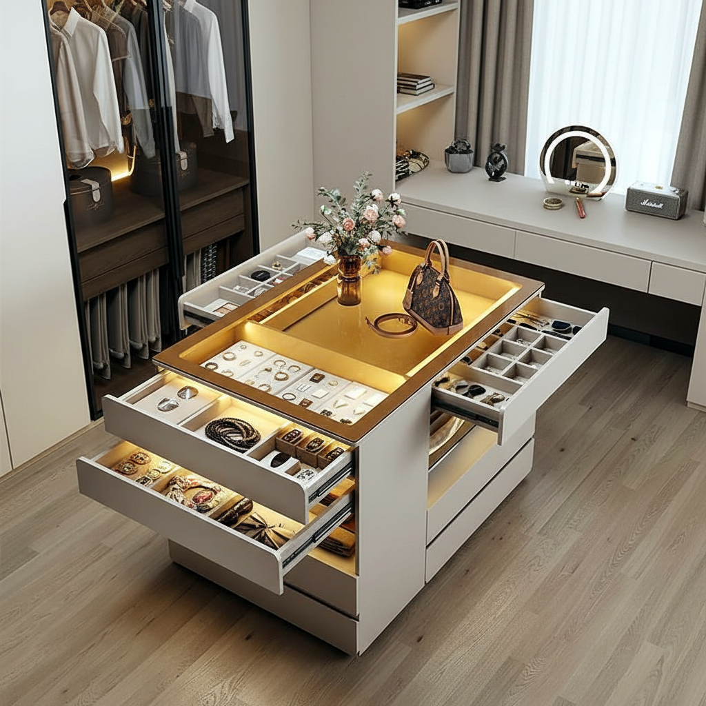 Îlot de dressing plateau vitré rétroéclairé, rangement bijoux – mise en scène
