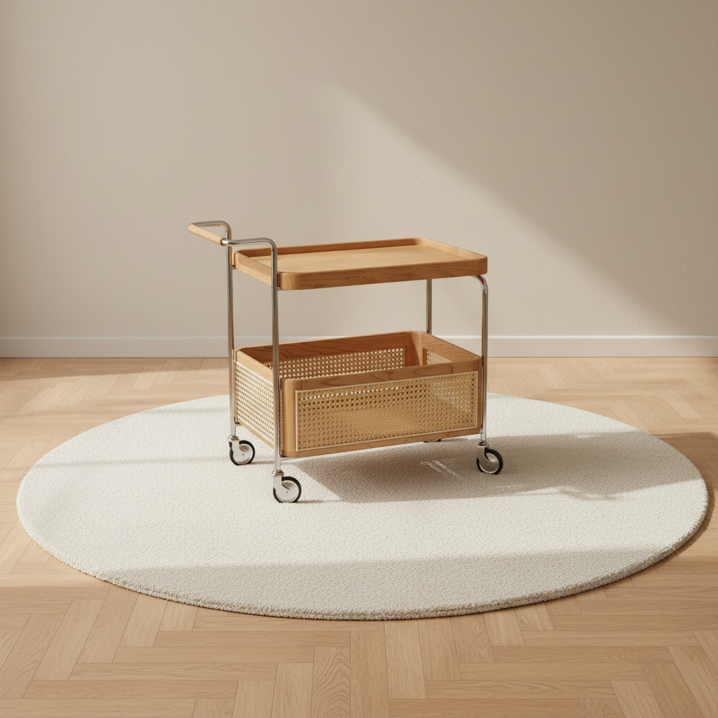 Table d'appoint roulante en bois et cannage rotin, double plateau – mise en scène