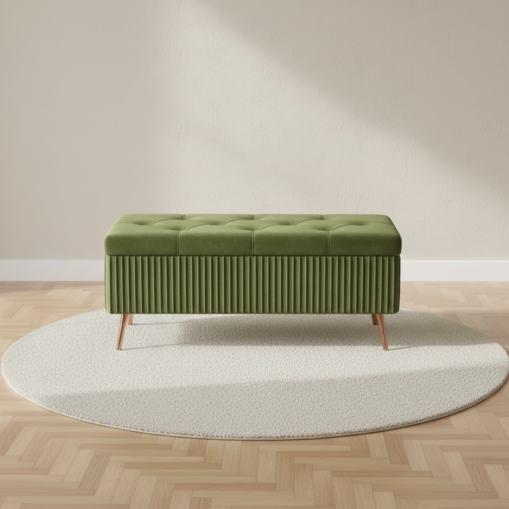 Banc coffre de lit en velours matelassé vert olive – mise en scène