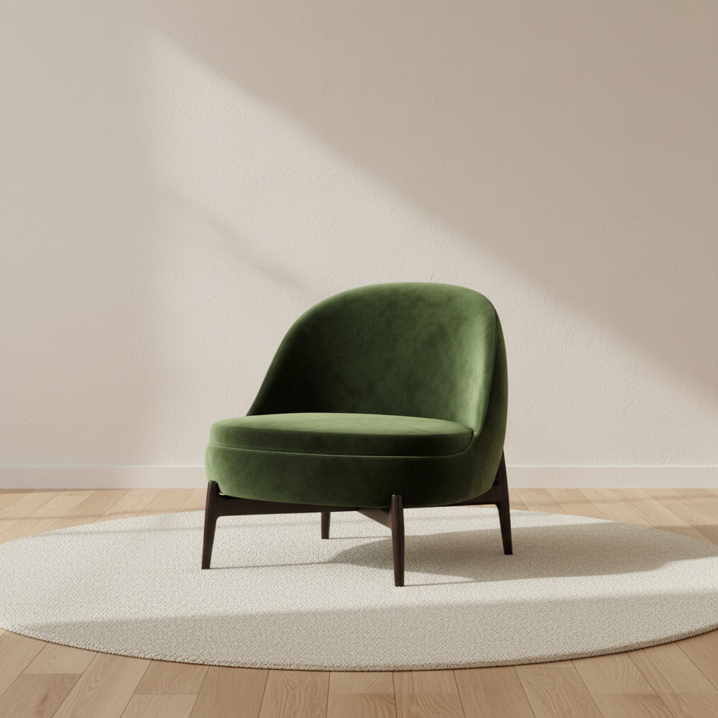 Fauteuil coquille en velours, piètement effilé esprit mid-century – mise en scène