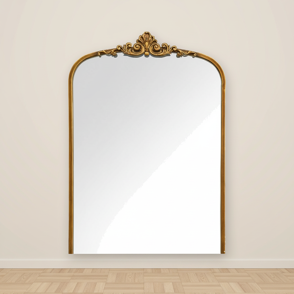 Miroir mural baroque doré à fronton sculpté, forme arche – mise en scène