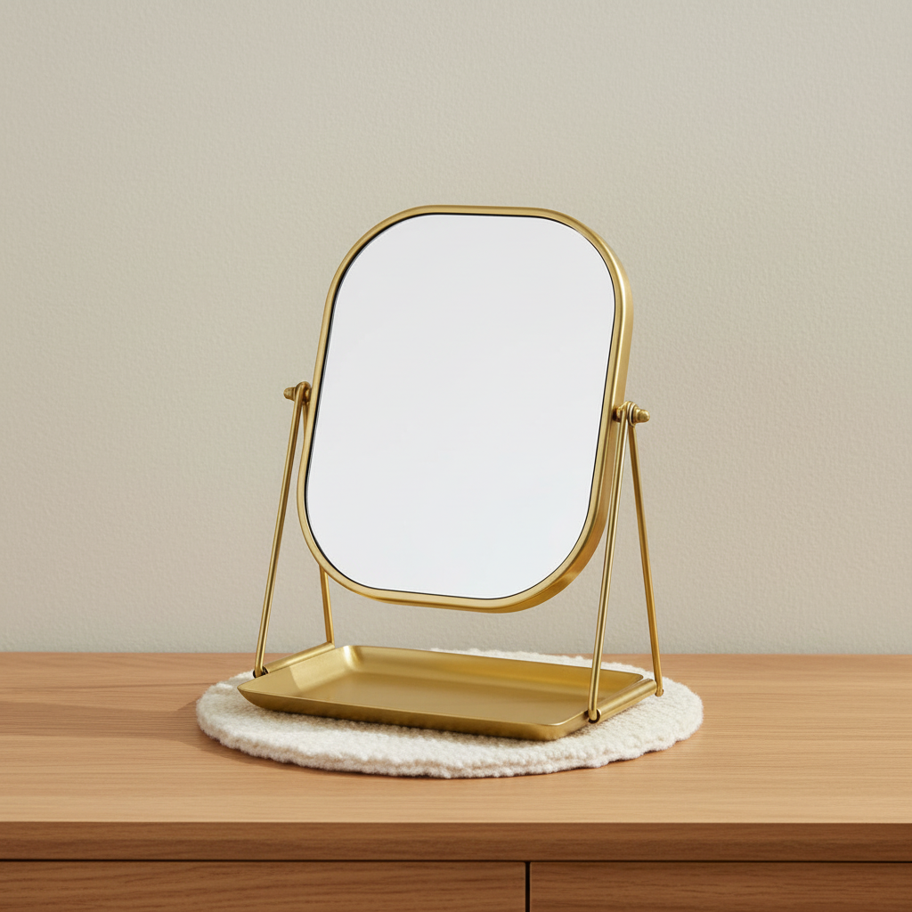 Miroir de table pivotant et plateau vide-poche en métal – mise en scène