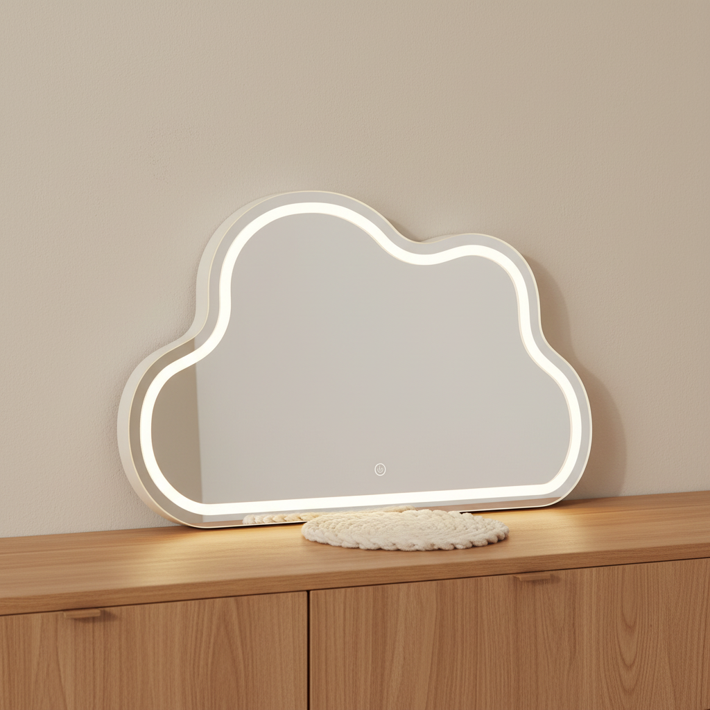 Grand miroir nuage horizontal LED, socle en marbre massif – mise en scène
