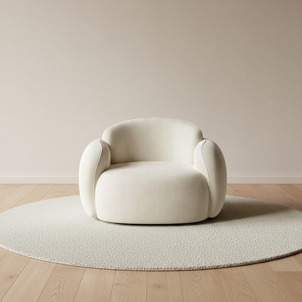 Fauteuil cocon arrondi en velours – mise en scène