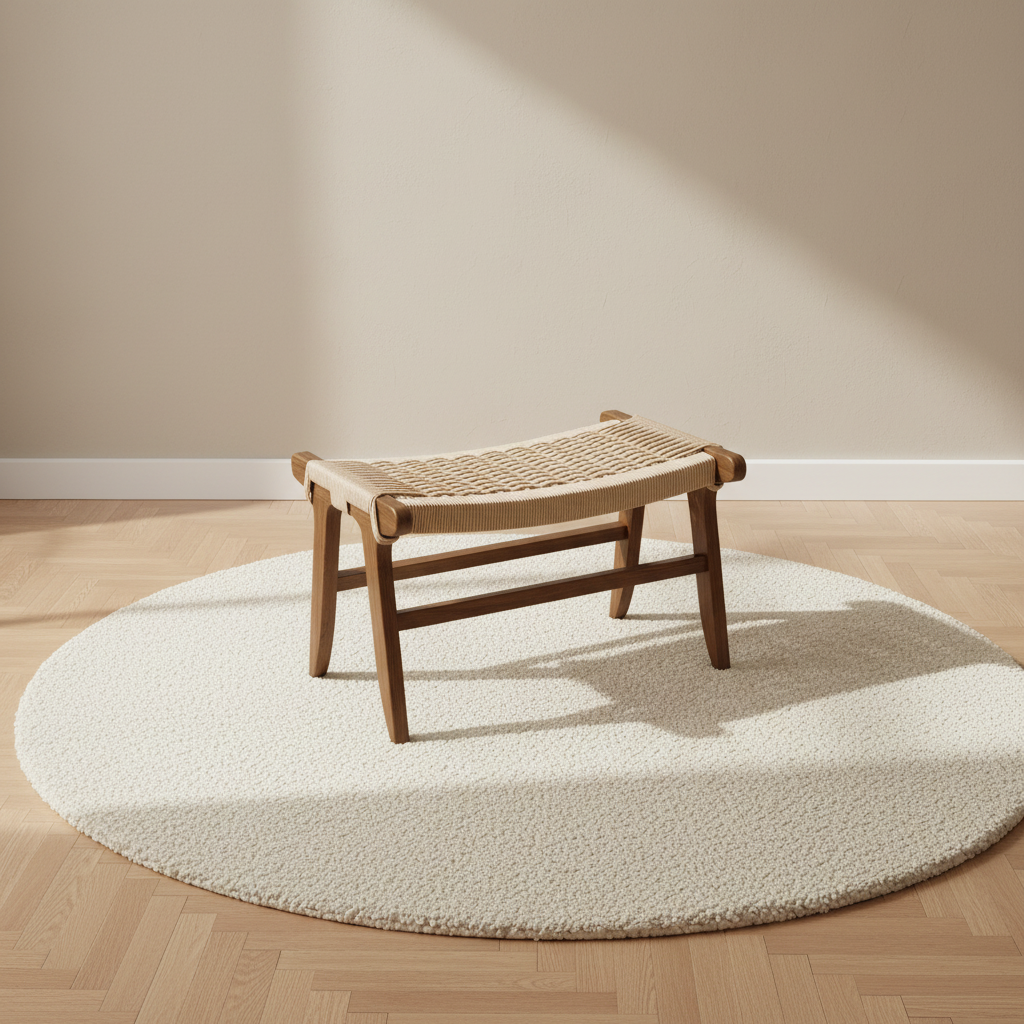 Banc repose-pieds en bois massif et corde tressée – mise en scène
