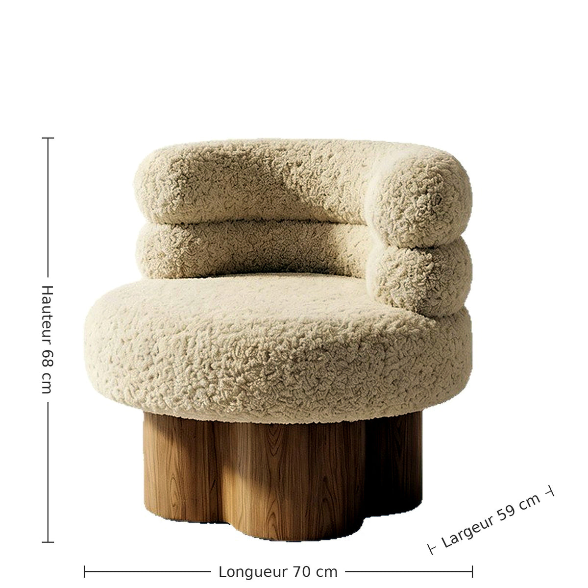 Fauteuil de coiffeuse en peluche teddy AUBRYNE, dimensions hauteur, longueur et largeur, fond blanc
