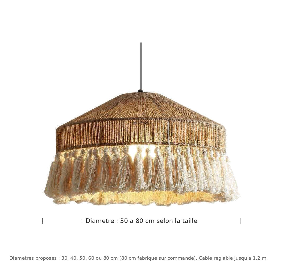 Suspension jute à franges - dimensions : diamètre 30 à 80 cm