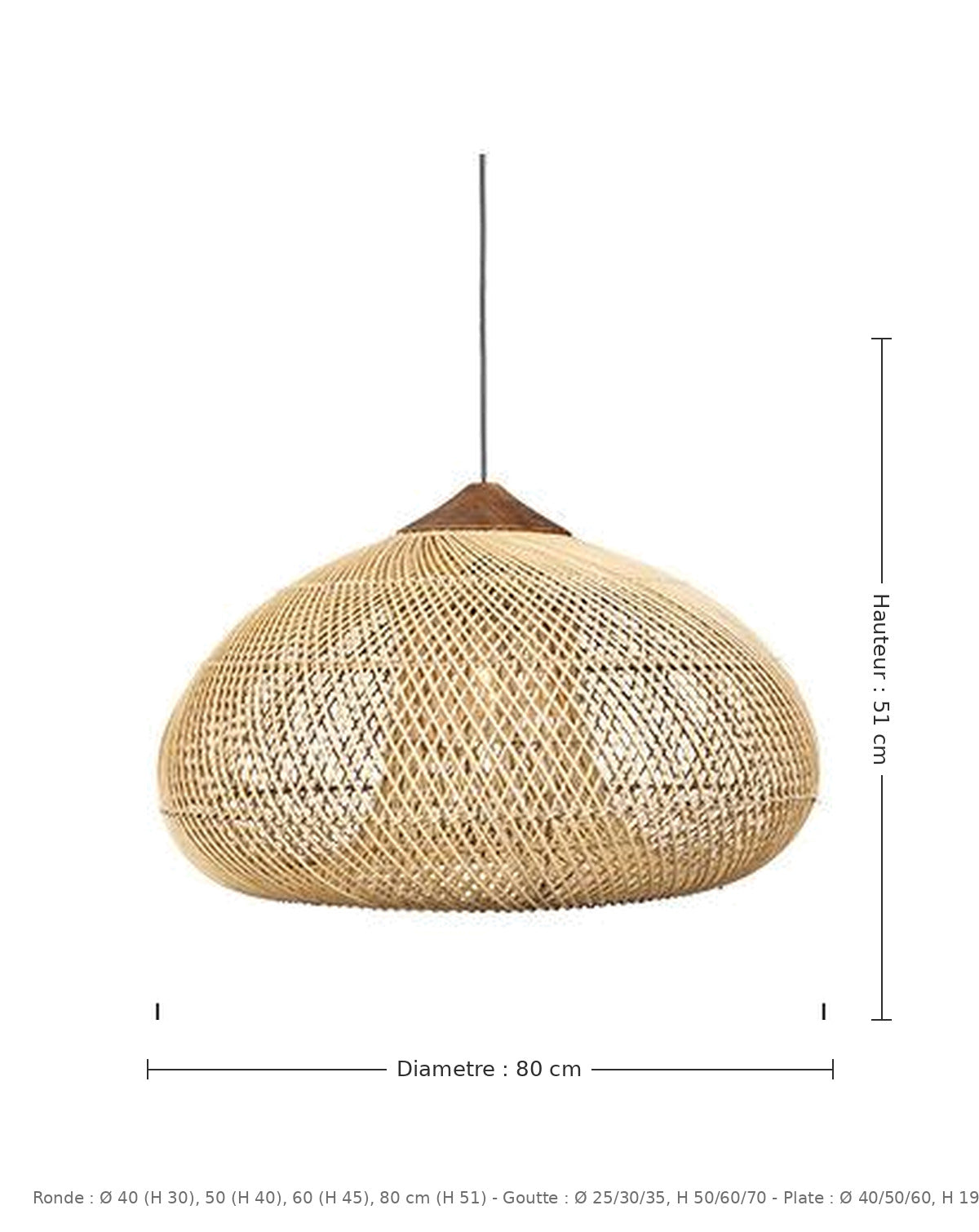 Suspension rotin - dimensions : ronde Ø 80 × H 51 cm