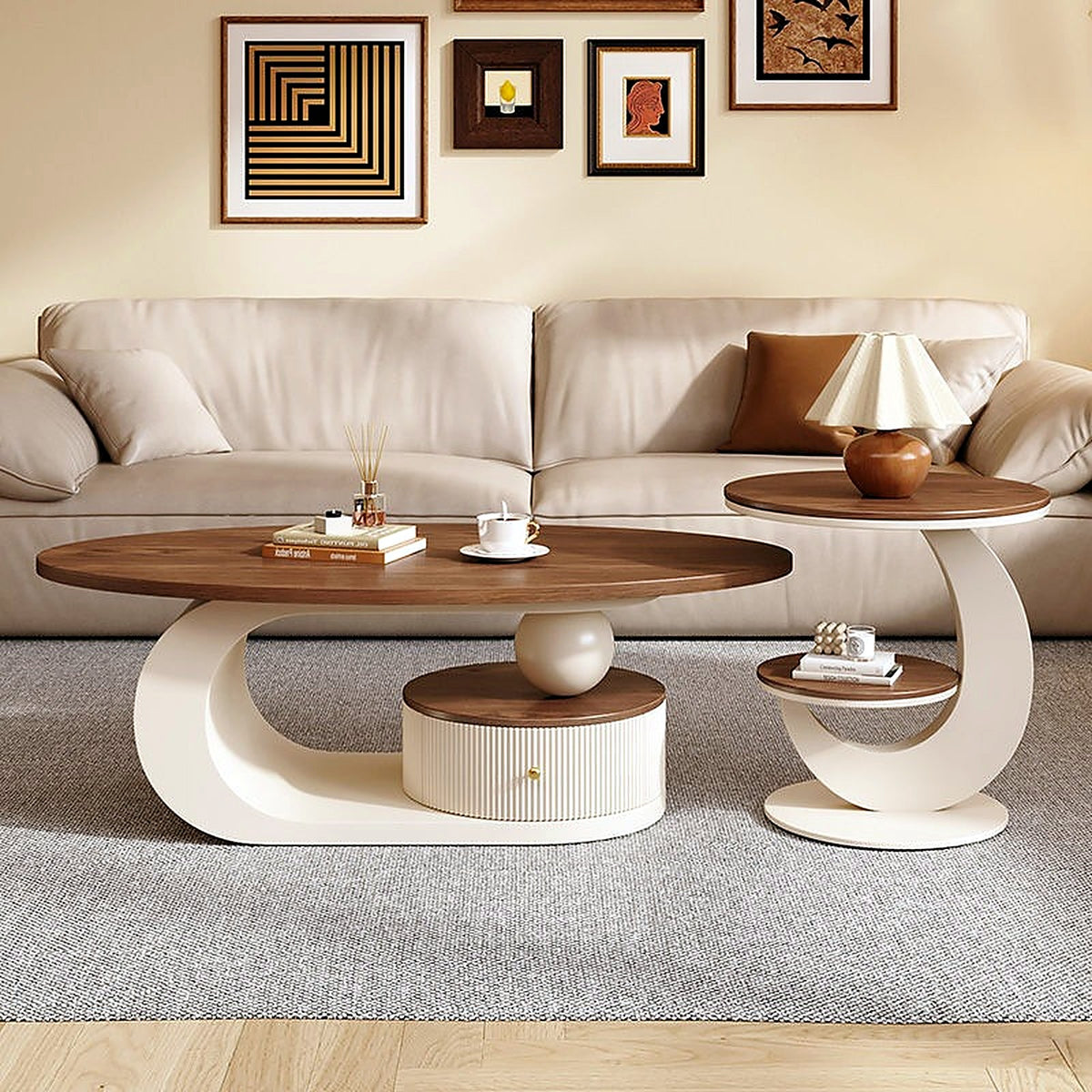 Table basse ovale et table d'appoint vues de face