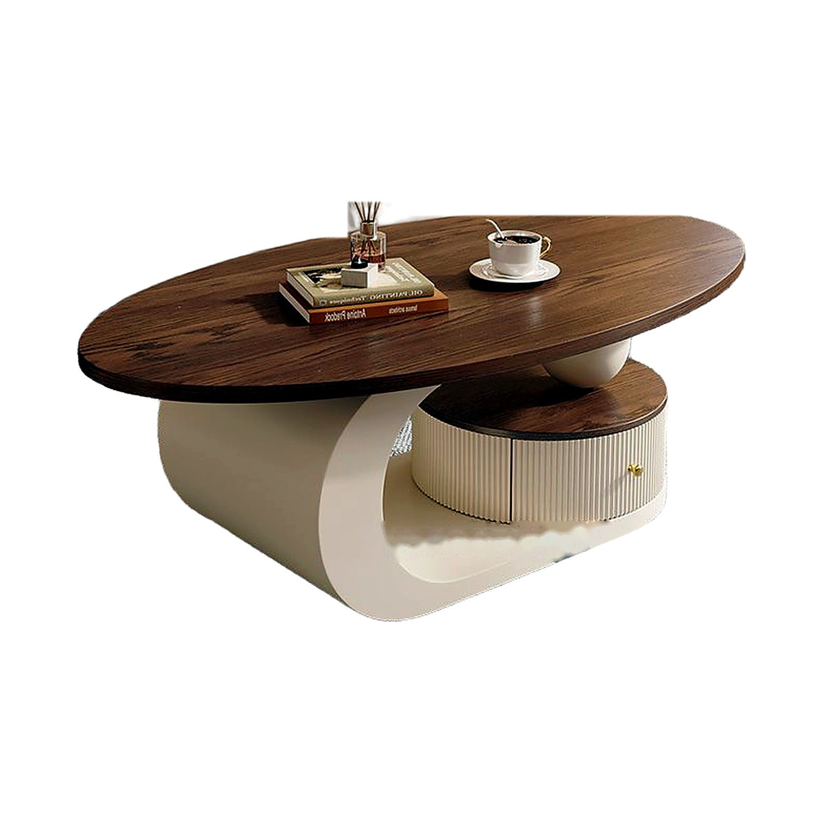 Table basse ovale noyer et crème seule, sur fond blanc