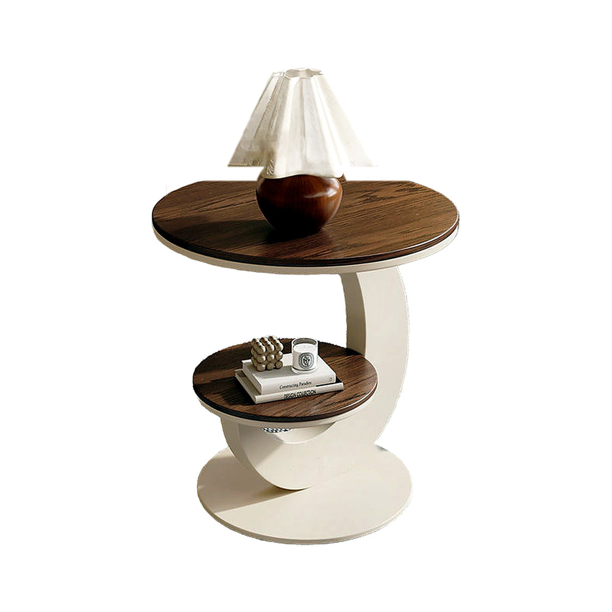 Table d'appoint assortie à deux plateaux, pied en croissant crème
