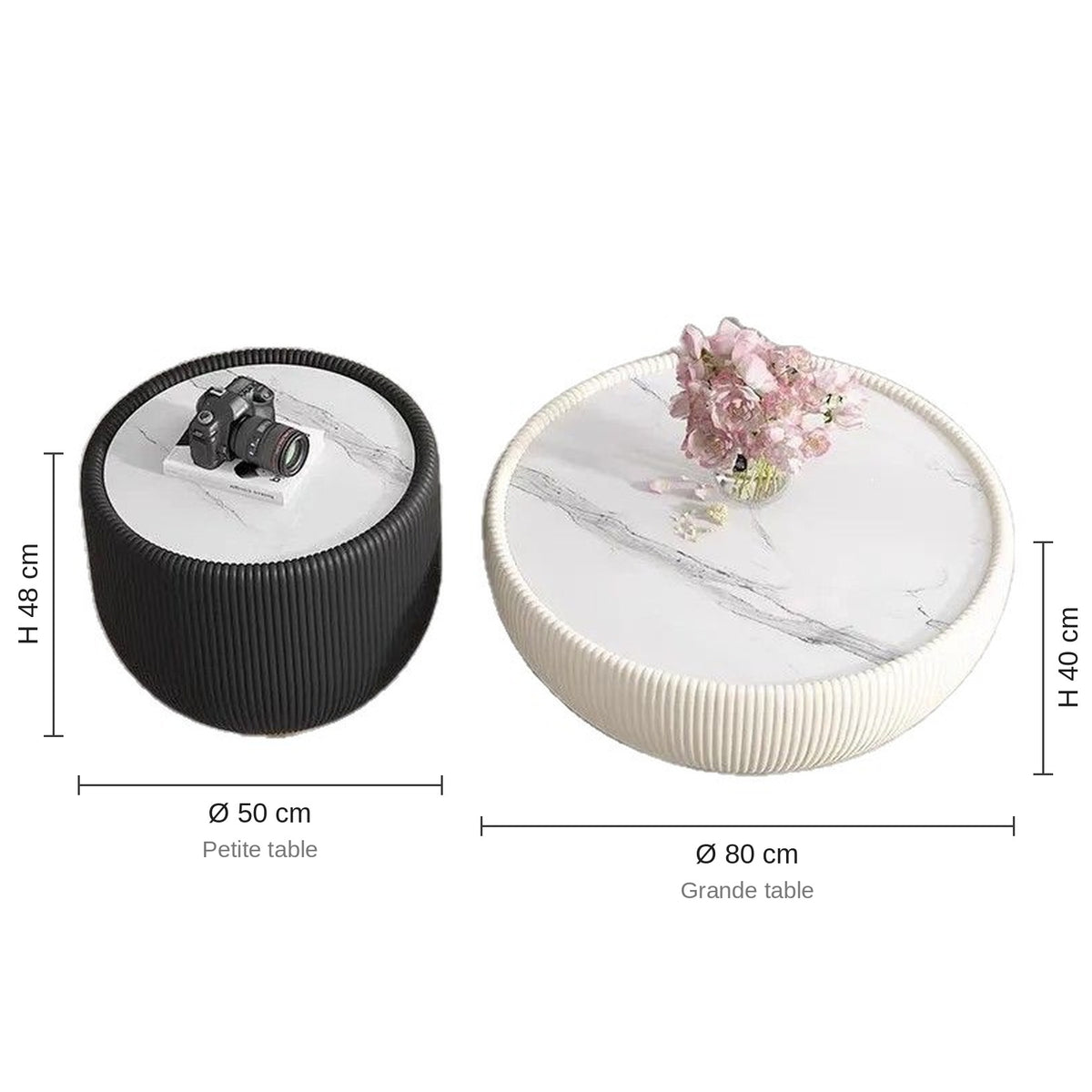 Dimensions des tables basses rondes : petite Ø 50 × H 48 cm, grande Ø 80 × H 40 cm