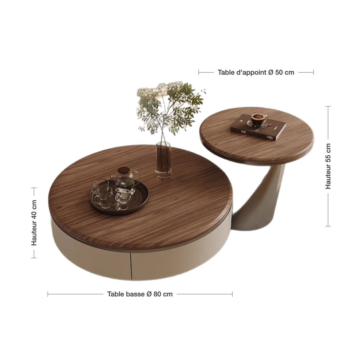 Table basse ronde AUBRYNE et table d'appoint, dimensions : Ø 80 cm H 40 cm, Ø 50 cm H 55 cm