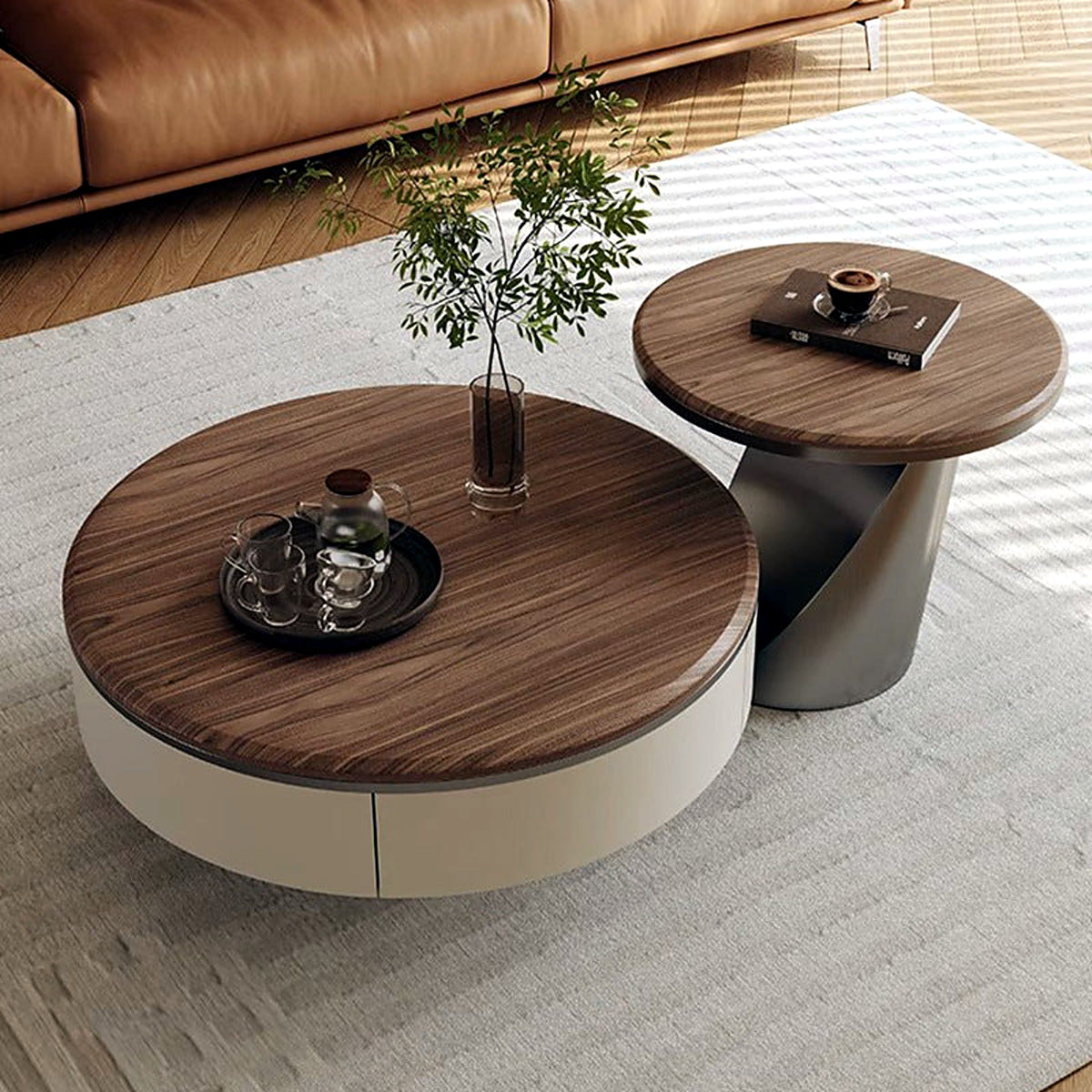 Table basse ronde noyer et crème et sa table d'appoint au pied sculptural