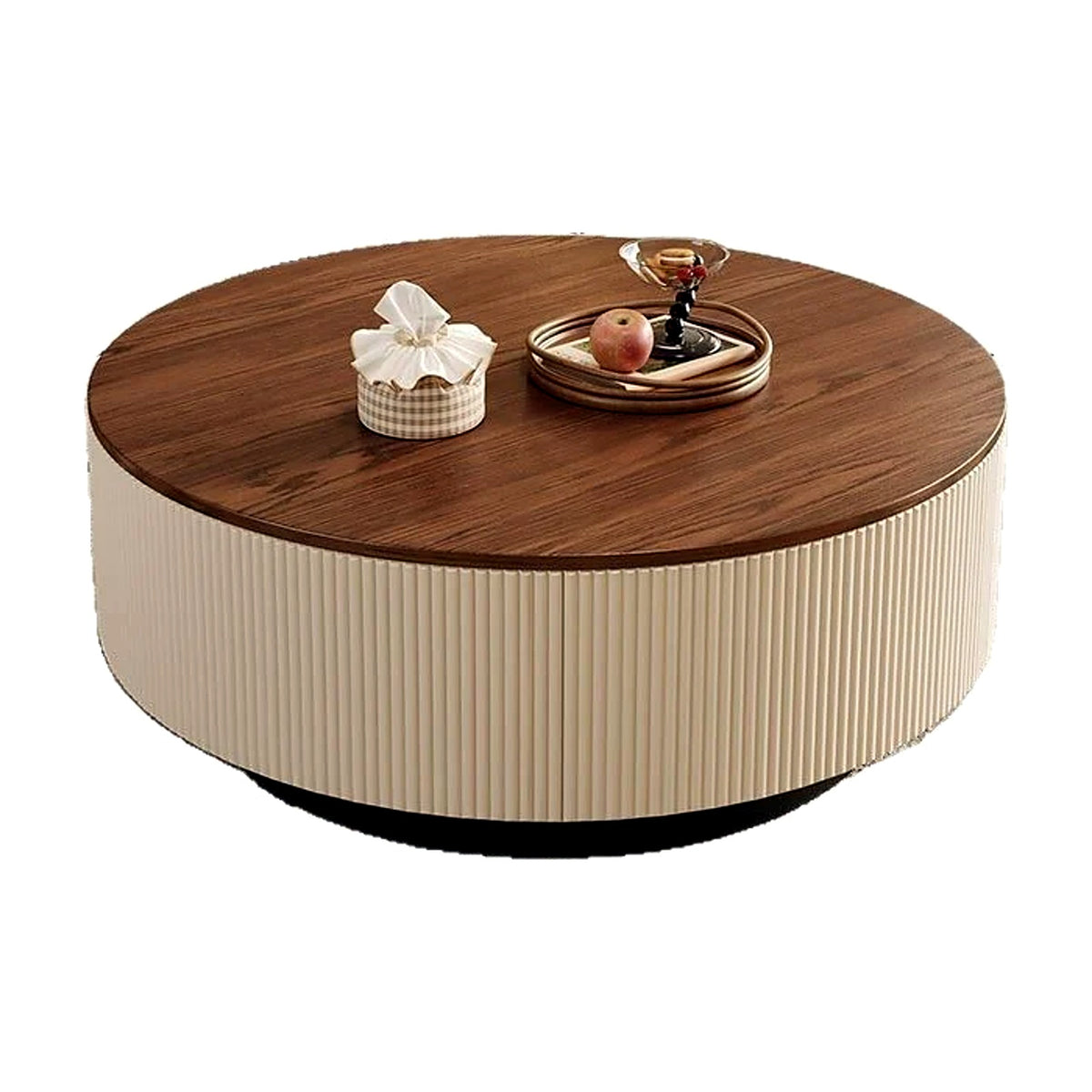 Table basse ronde plateau noyer et caisson crème sur fond blanc